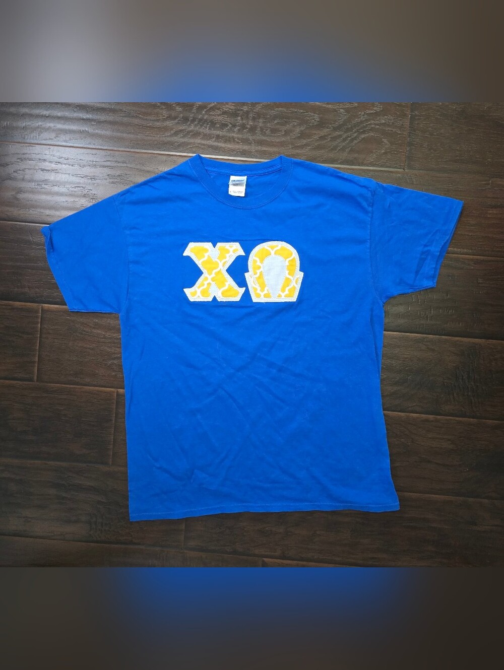 Chi Omega Blue Yellow Embroidered Letters Short Sleeve Tee Shirt Large